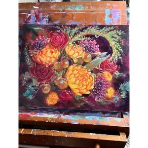 Artettina Original Floral Painting Autumn Bouquet Signed dew flowers ladybugs US